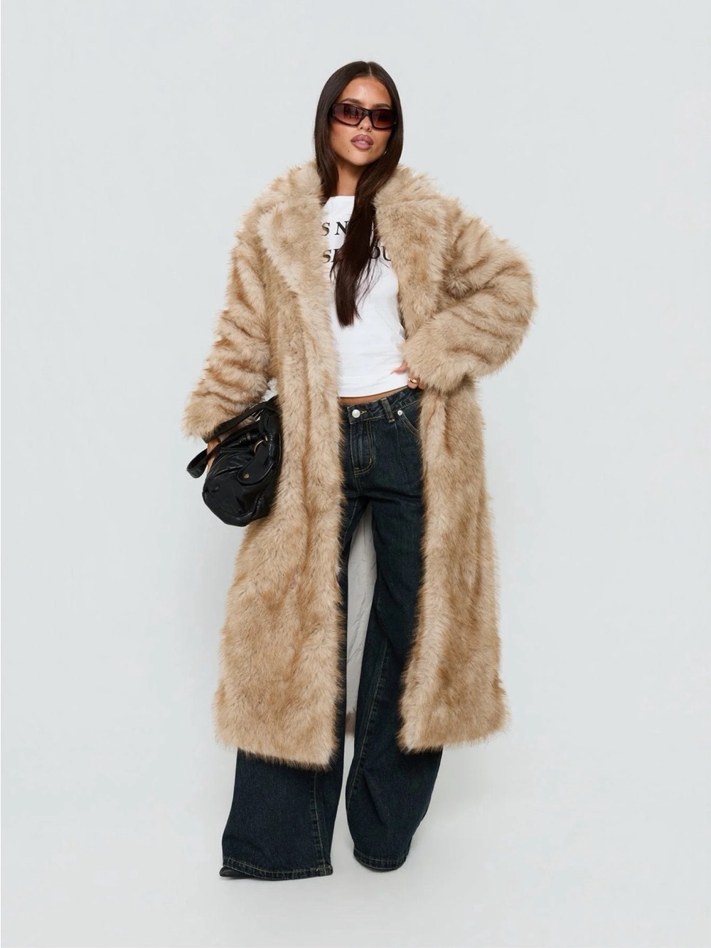 Princess Polly Long Faux Fur Teddy Coat in Beige